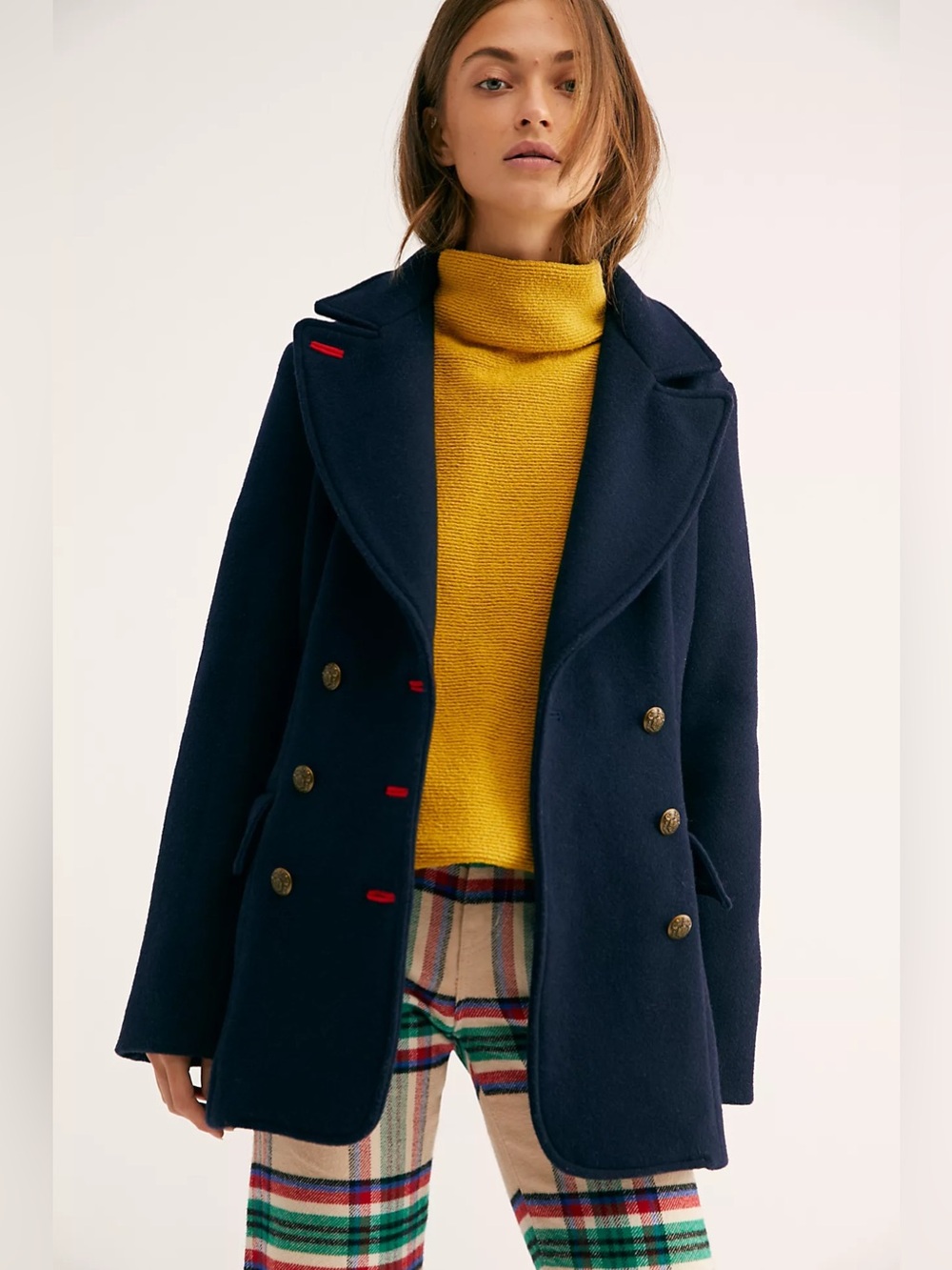 FREE PEOPLE Chicago Fitted Navy Peacoat Classic Double-Breasted Military Jacket